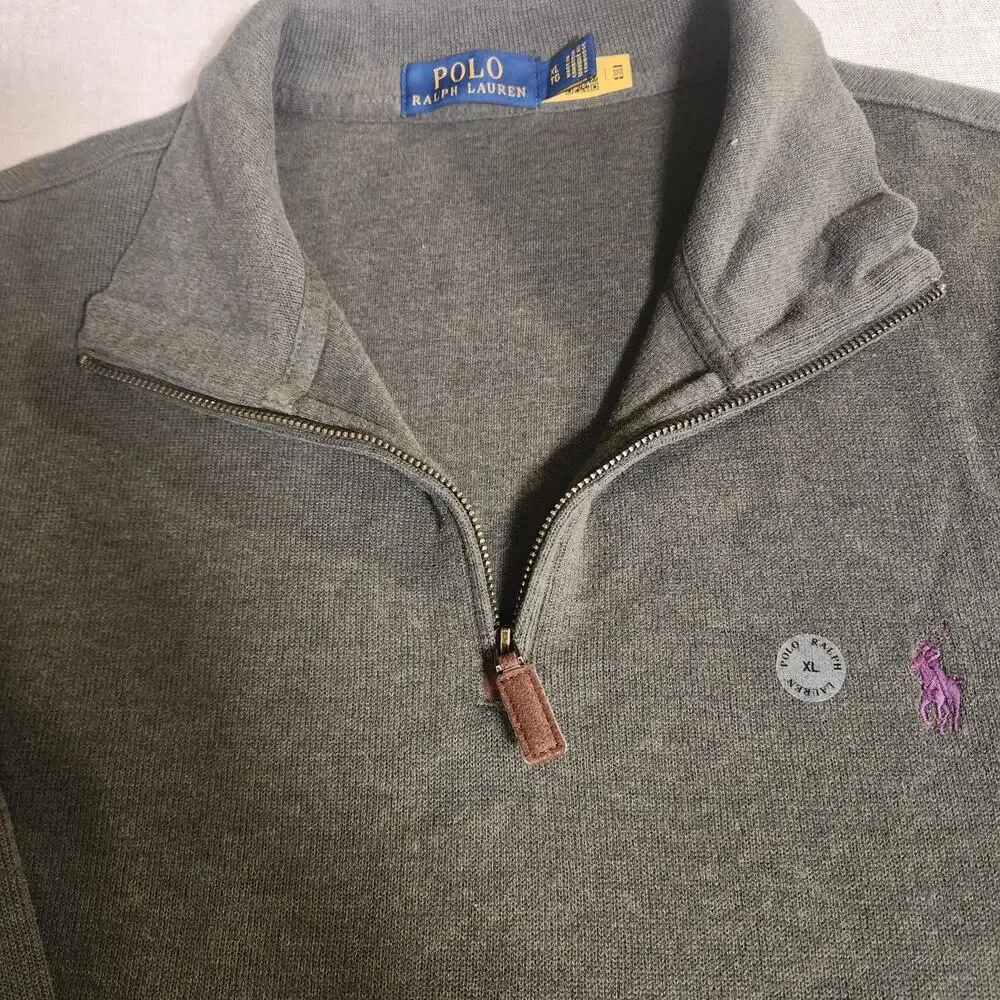 NWOT Polo Ralph Lauren Quarter Zip Knit Long Sleeve-Purple Logo, Gray Cotton, XL